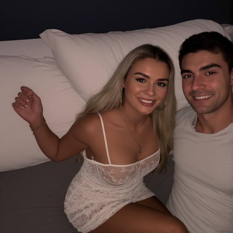 a man and woman sitting on a bed cuckold